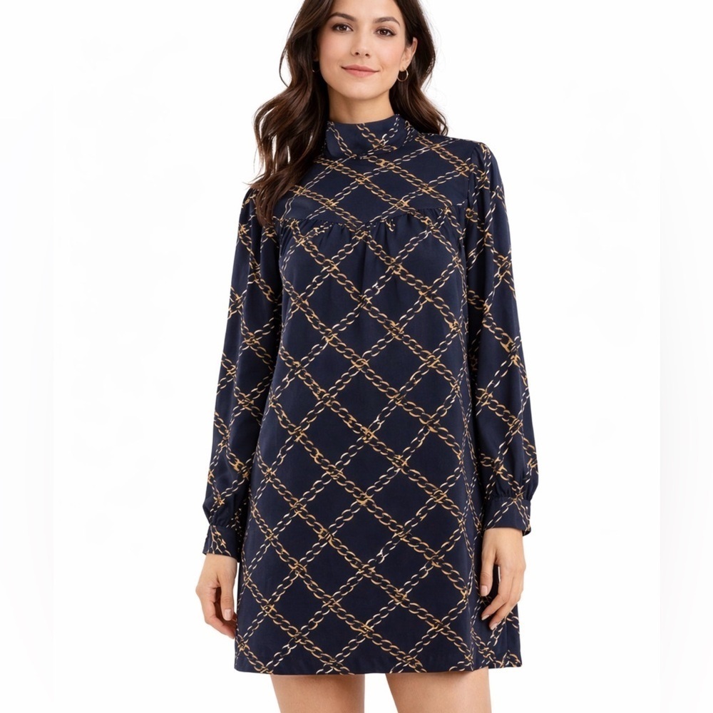 Who What Wear Navy Blue Chain Print Long Sleeve Mock Neck Pocket Dress